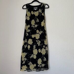 Studio I Floral Midi Dress Women 10P Black Yellow Chiffon Overlay 90s Garden Mom